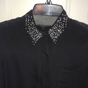 Diamond and pearl bling collar black dress shirt